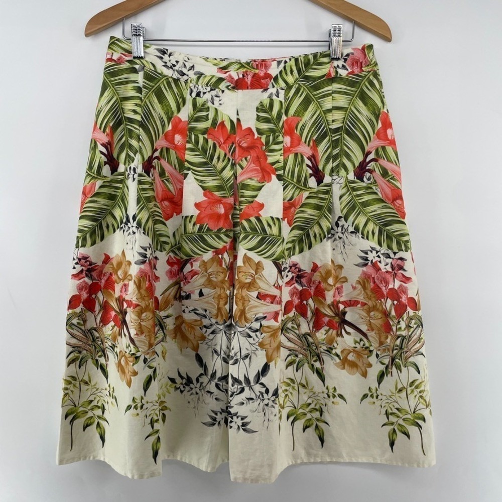 Talbots Pleated Skirt 8 Linen Cotton Tropical Box Pleats Resort Hawaiian Coastal